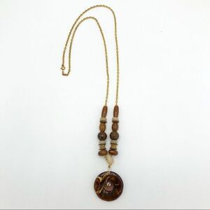 Long Necklace Gold Tone Brown Round Metal Swirl Pendant Beaded Bohemian